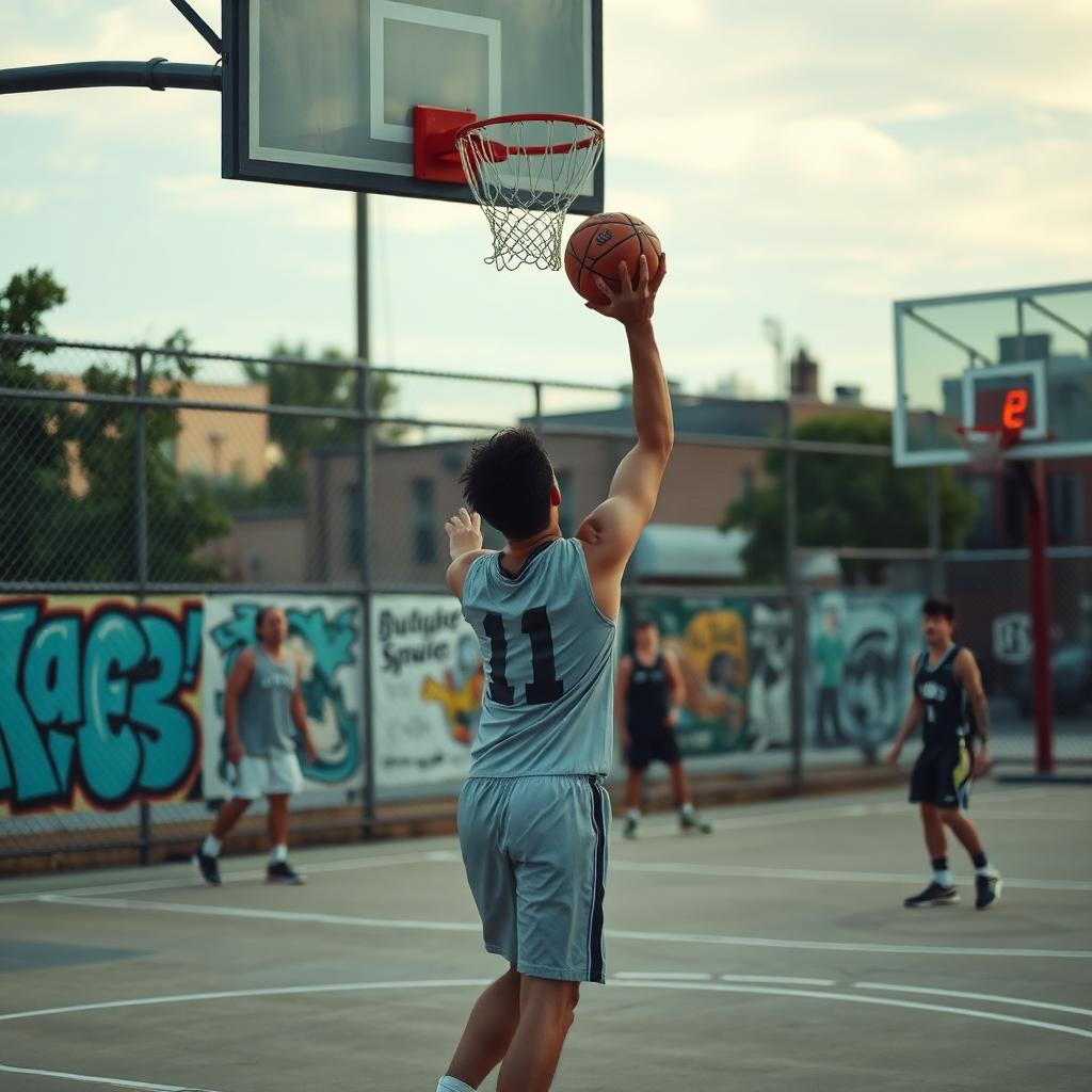 Player rising for a layup on an outdoor city basketball court