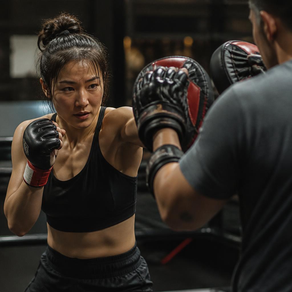 Woman training mixed martial arts on focus pads with a coach