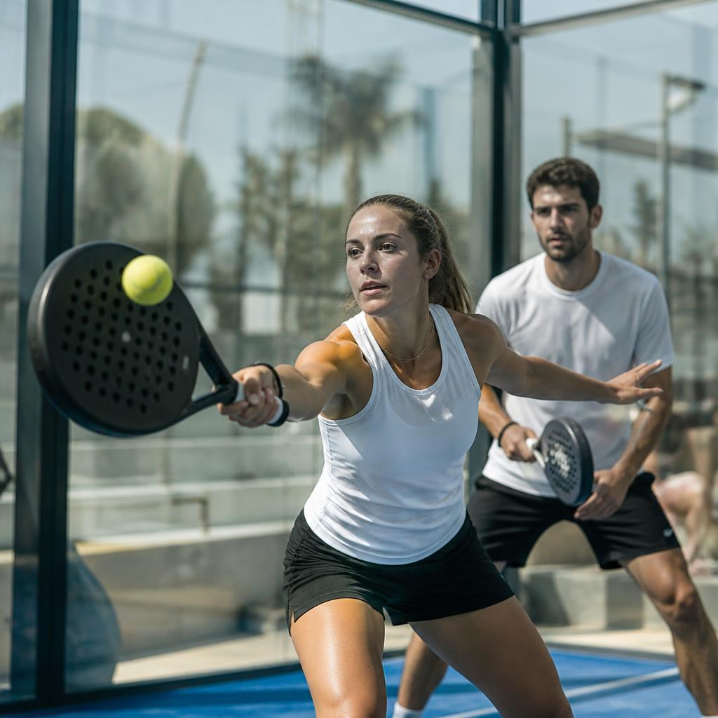 Mixed doubles padel players at the net on a glass-walled court