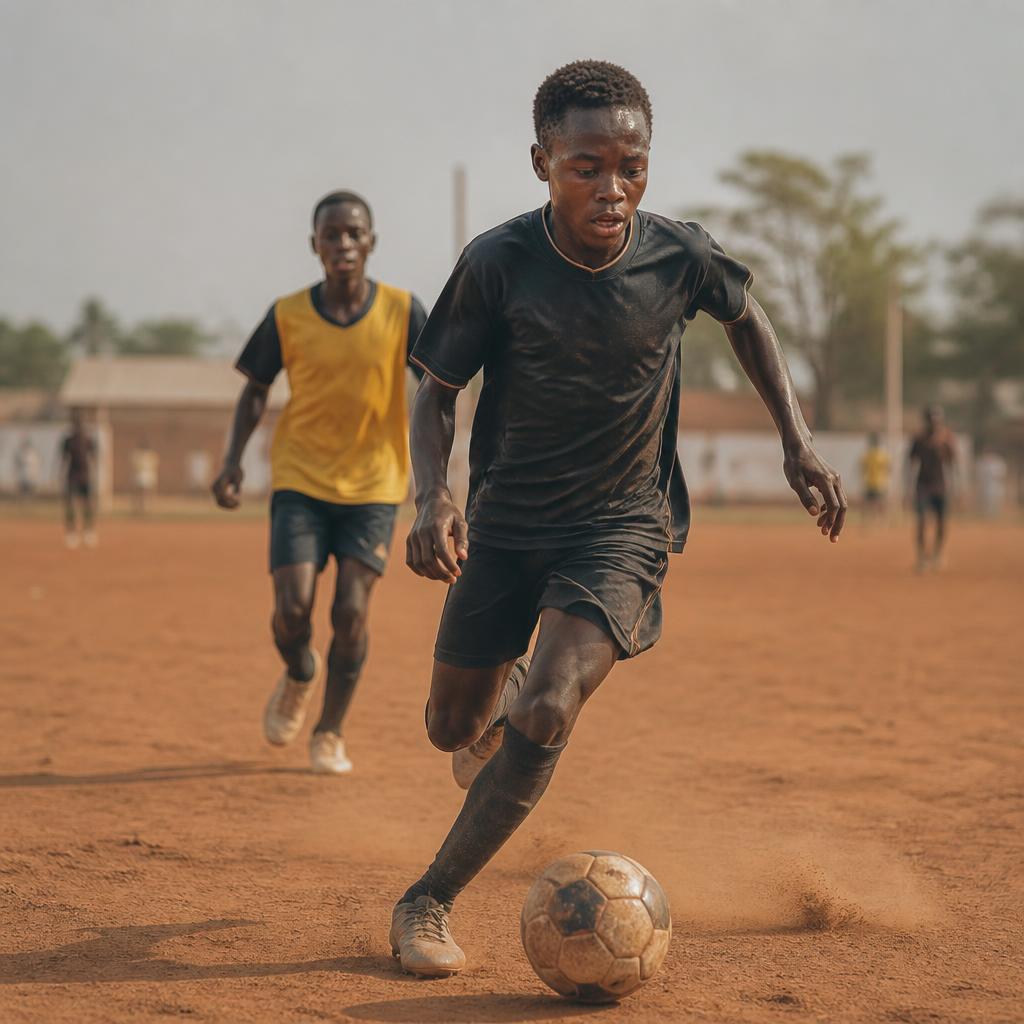 Footballer driving forward with the ball on an academy pitch