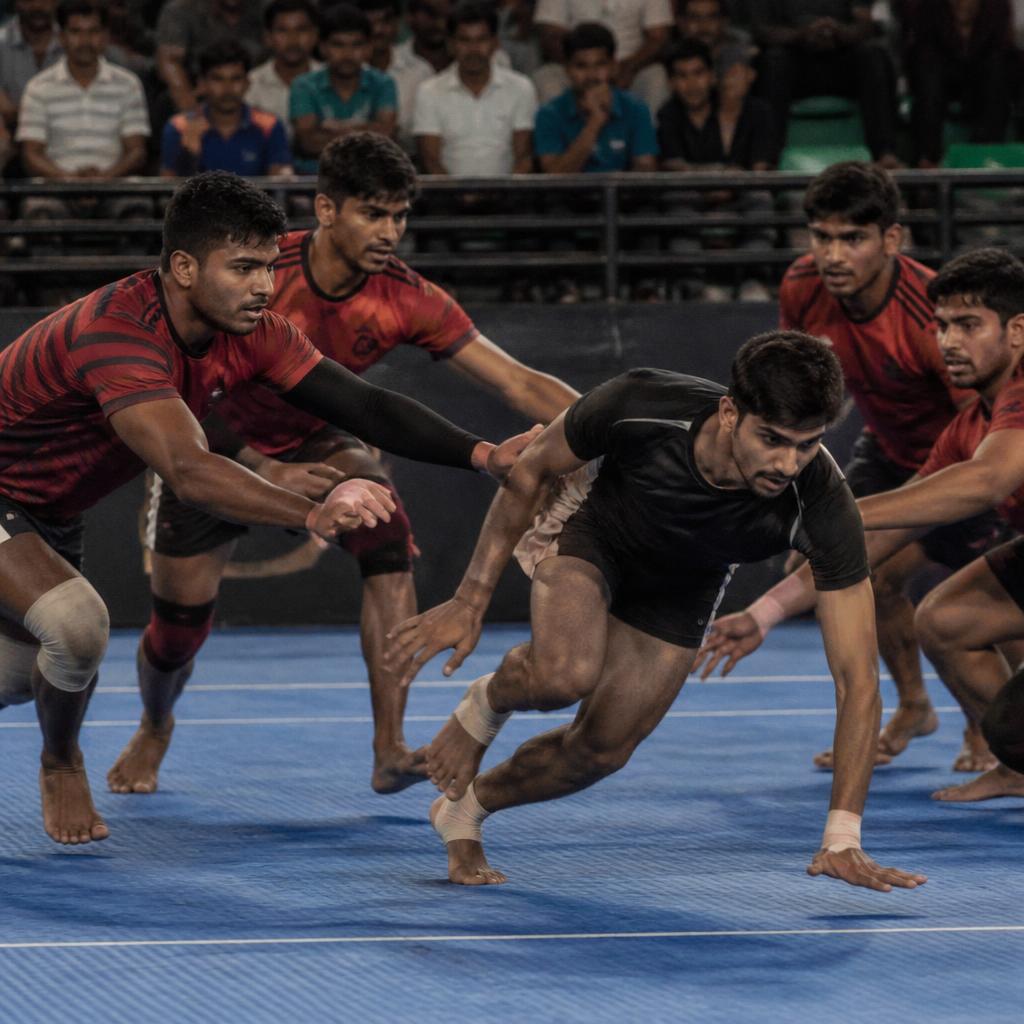 Kabaddi raider evading defenders on an indoor mat