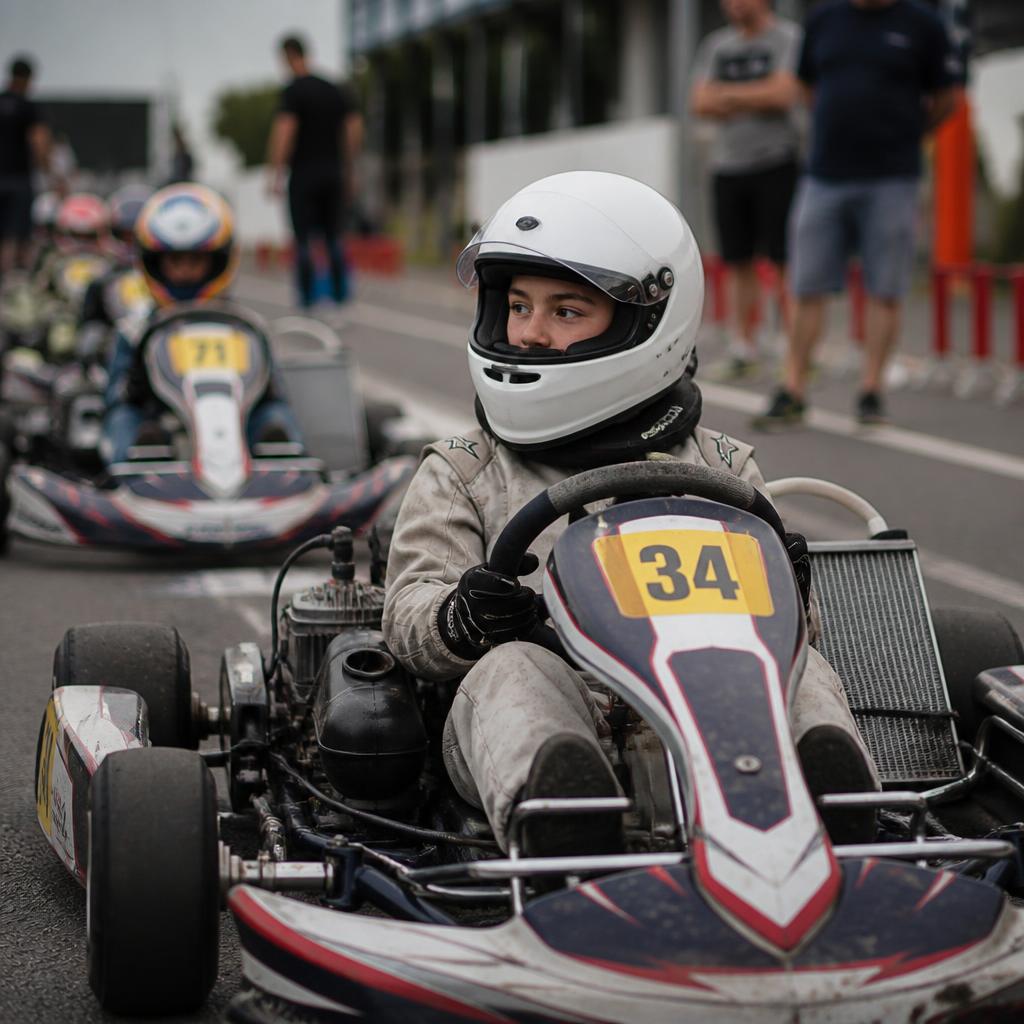 Junior driver waiting on the karting grid before a race