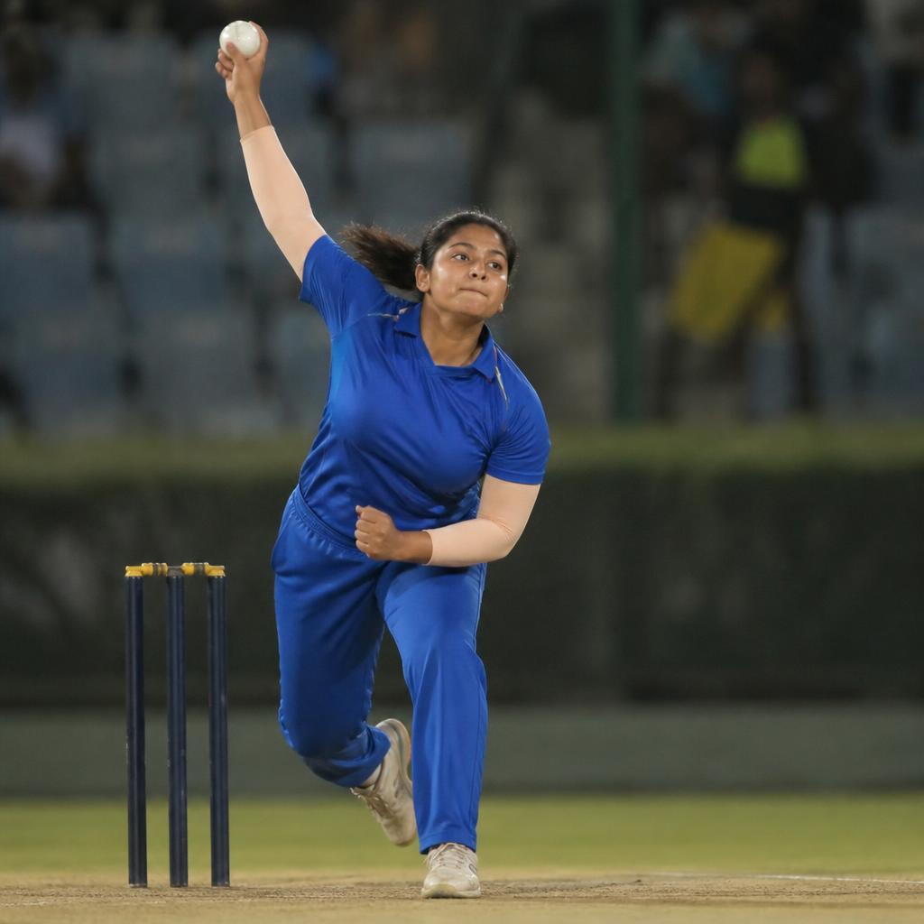 Woman cricketer bowling under floodlights