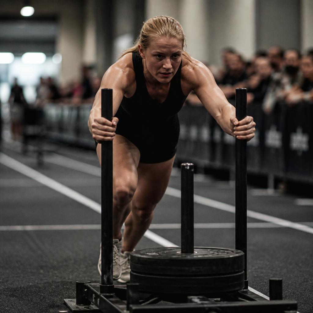 Athlete pushing a weighted sled during an indoor hybrid fitness race